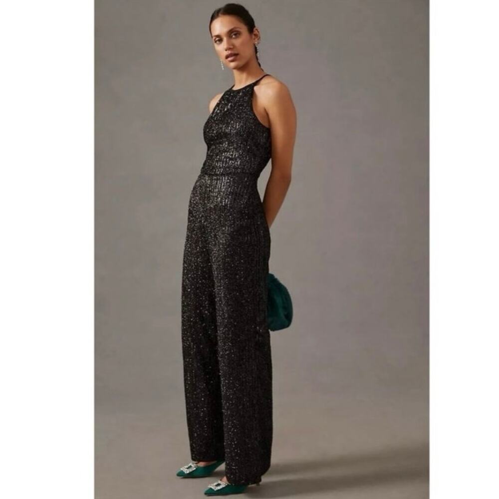 Anthropologie Maeve Black Sequin Disco Keyhole Wide Leg Jumpsuit Size 2